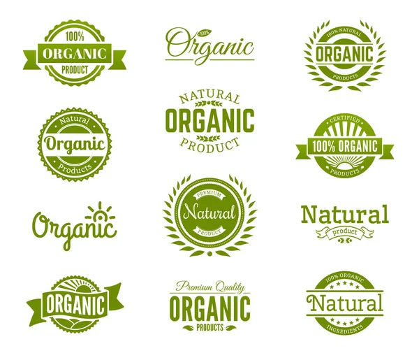 100% biologisch logo. Collectie van gezonde biologische voeding etiketten, emblemen, insignes en tekenen voor identiteit en verpakken van natuurlijke, organische, premium kwaliteitsproducten. Vector set. — Stockvector