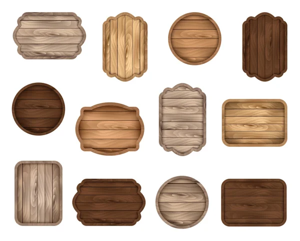 Houten stickers, label collectie. Verzameling van diverse vormen houten teken boards te koop, prijs en korting banners, badges geïsoleerd op een witte achtergrond. Vectorillustratie. — Stockvector