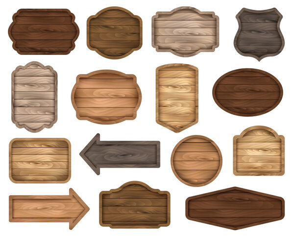 Wooden sign boards, stickers, labels, banners and badges. Vector set. Wooden signboard collection.