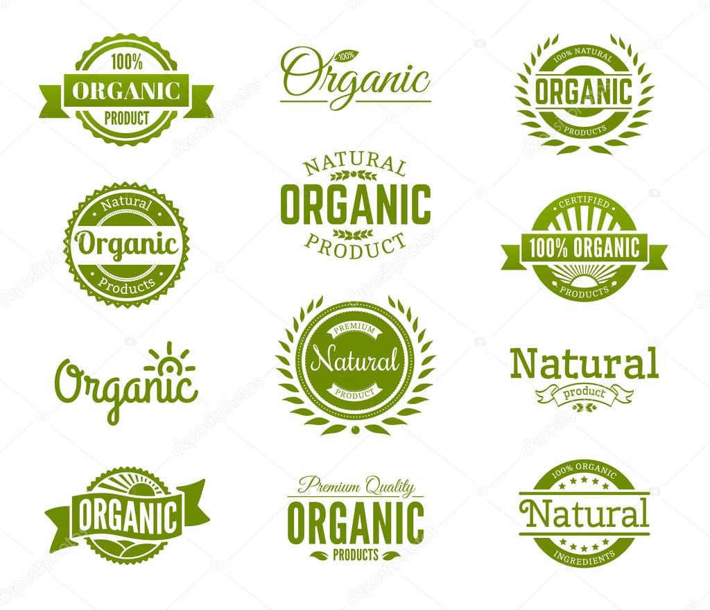 Organic logos. Natural food labels and badges collection. Vector set.