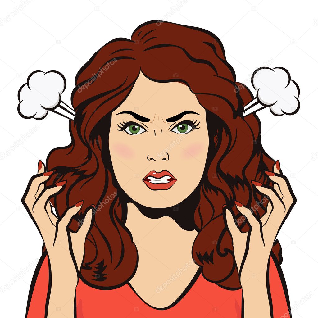 Angry stressful woman with steam blowing from ear. Young furious girl. Vector illustration.