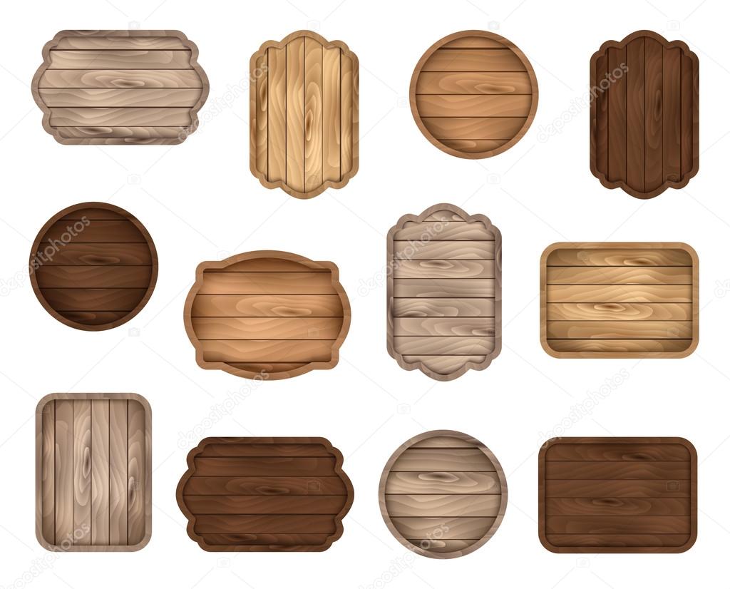 Wooden stickers, label collection. Set of various shapes wooden sign boards for sale, price and discount banners, badges isolated on white background. Vector illustration. 