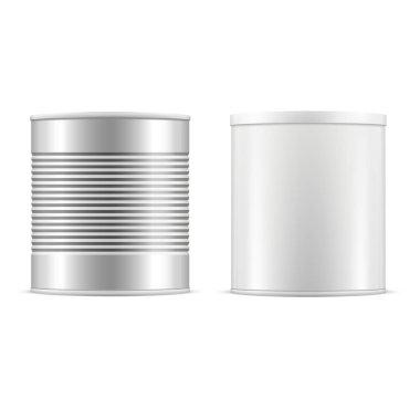 Set of tin cans. White tin can with white cap and metallic can. Vector realistic illustration. clipart