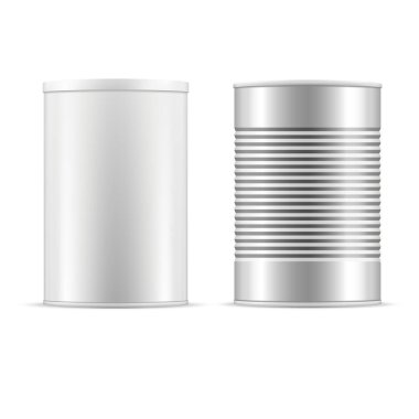 Tin can set. White tin can with white cap and metallic can. Vector realistic illustration. Tin cans with plastic cap for baby powder milk, tee, coffee, cereal and other products. Packaging collection. clipart