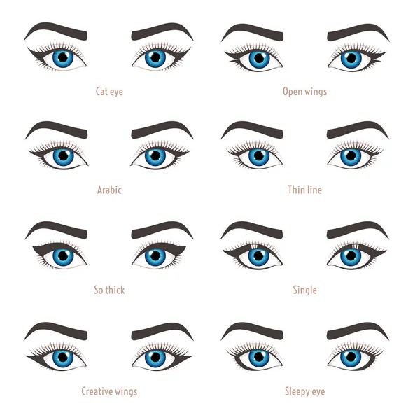 Tipos de maquillaje de ojos. Tutorial en forma de delineador. Conjunto de vectores con subtítulos . — Archivo Imágenes Vectoriales