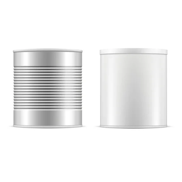 Set of tin cans. White tin can with white cap and metallic can. Vector realistic illustration. — Stock Vector