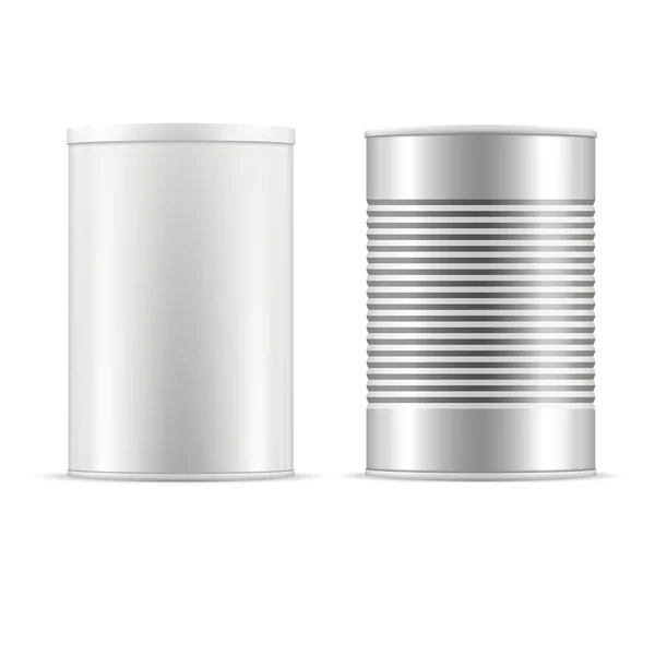 Tin can set. White tin can with white cap and metallic can. Vector realistic illustration. Tin cans with plastic cap for baby powder milk, tee, coffee, cereal and other products. Packaging collection. — Stock Vector