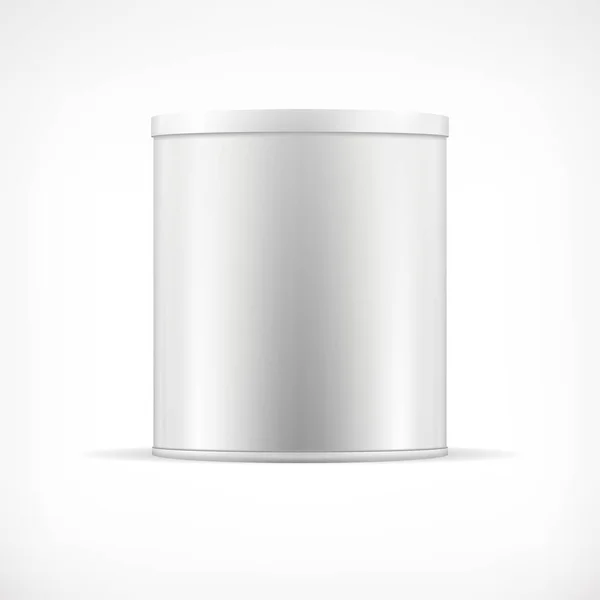 Plastik kap ile beyaz teneke kutu. Kuru ürünler (çay, kahve, baharat, şeker, tahıllar, tanımlama bilgileri) gerçekçi yuvarlak kapsayıcısı. Gerçekçi vektör şablonu sahte. Gıda ambalaj koleksiyonu.
