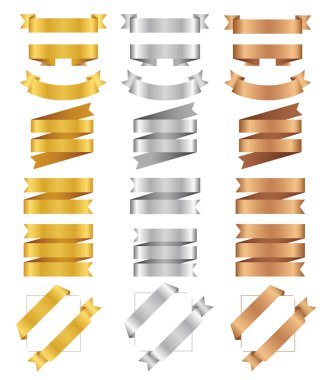 Bronz, altın, gümüş şerit kümesi. Düz vektör kaset koleksiyonu. Beyaz arka plan üzerinde izole parlak şerit afiş. Bronz şeritler. Tebrik kartı, hediye, afiş, el ilanı, tasarımınız için etiketleri.
