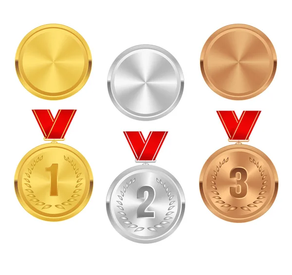 Conjunto de medallas de oro, plata y bronce con cintas rojas. Medalla redonda vacía colección vectorial pulido aislado sobre fondo blanco. Insignia premium, etiqueta, diseño. Premios al ganador. Monedas iconos de botón . — Vector de stock