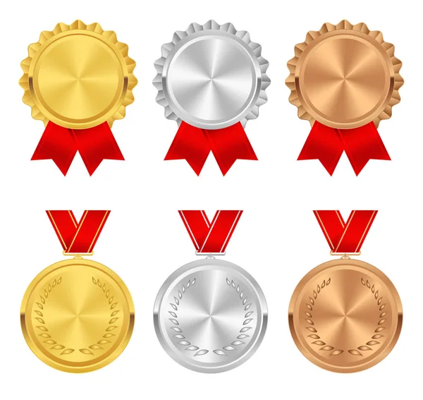 Conjunto de medallas de oro, plata y bronce. Rosetas con cintas rojas. Medalla, colección vectorial roseta aislada sobre fondo blanco. Diseño para tu banner, póster. noticias, sitio, tarjeta, insignias . — Vector de stock