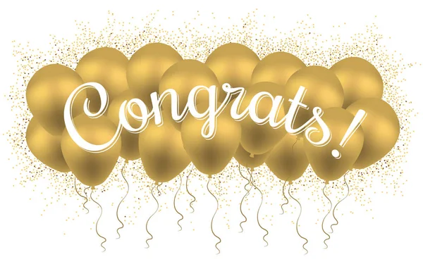 Banda balónky, konfety a textem Gratulujeme. Nápis-blahopřání. Win, oslava narozenin, prodej, otevření, dovolená & Kid Design. Písmo, typografie. Vektor blahopřání. — Stockový vektor