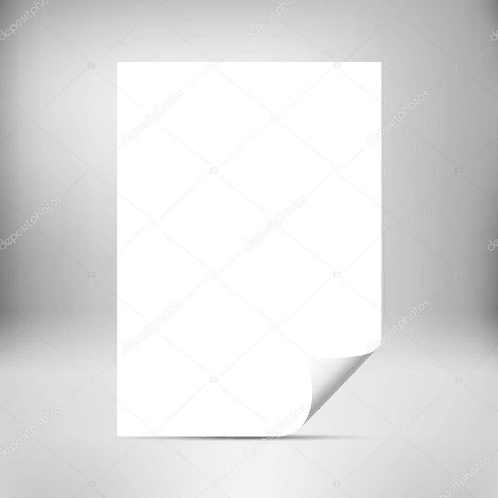 Empty paper sheet with curled corner isolated on background.  Mockup for your design.