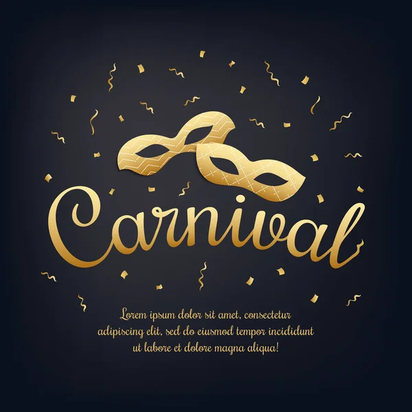 Carnaval de letras doradas con máscaras de máscaras sobre fondo negro y nocturno . — Vector de stock