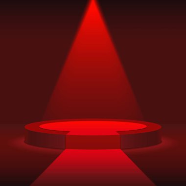 Yuvarlak Sahne Podyum, vitrin, kırmızı halı ile sahne. Gerçekçi vektör.