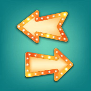 Neon tabela, ampullü vektör retro ok işareti. Kumarhane, tiyatro, sinema, klasik kafe için gerçekçi 3D.