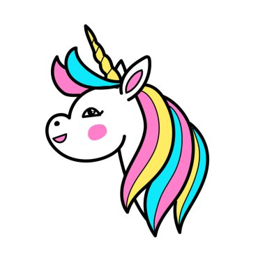 Gökkuşağı yelesi ve boynuzu olan beyaz tek boynuzlu at vektör başı. Beyaz arka planda tek boynuzlu at var. Çizgi film, doğrusal, yama biçimi.