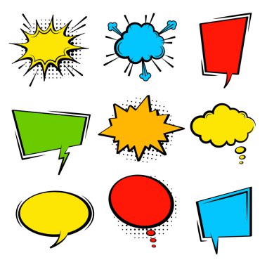 Komik konuşma balonu seti. Boş çizgi film renkli bulutlu pop sanatının konuşma kutuları. Yarım ton noktalı çizgi roman vektör arkaplan şablonu.