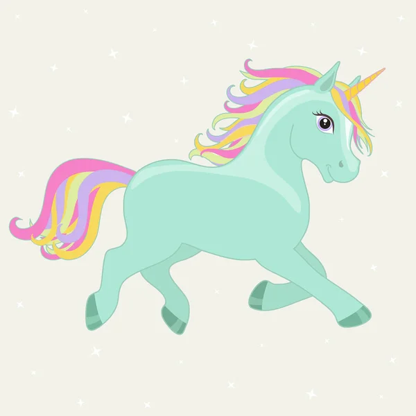 Verde, menta mágica corriendo vector unicornio con melena de arco iris . — Archivo Imágenes Vectoriales