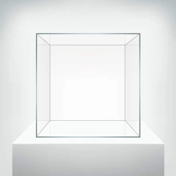 玻璃陈列柜 在白色背景的讲台上的空的正方形现实的玻璃盒 显示用于演示的透明立方体形式 3D风格 免版税图库矢量图片