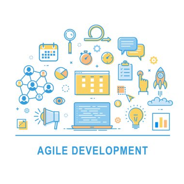 Çevik geliştirme vektörü. İnce çizgi dizaynlı simgelerle illüstrasyon kavramı. Üretim yönetiminin simgesi. Bilgi için sembol koleksiyonu.