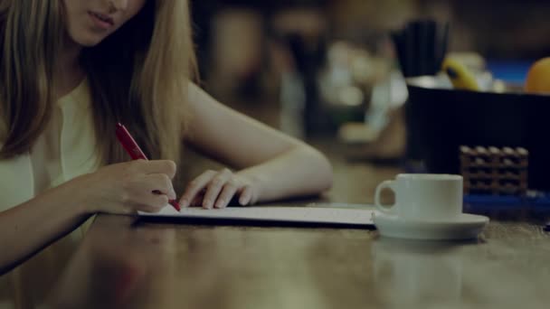 Studentin macht Hausaufgaben in einem Café — Stockvideo