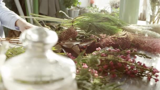 Mains de fleuriste couchées sur la table avec des brindilles exotiques pour bouqet — Video