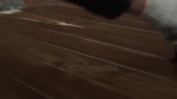 Escova em um homem mão pinta madeira — Vídeo de Stock