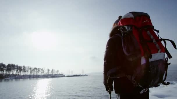 Vista trasera de un hombre disfrutando del lago de invierno — Vídeos de Stock