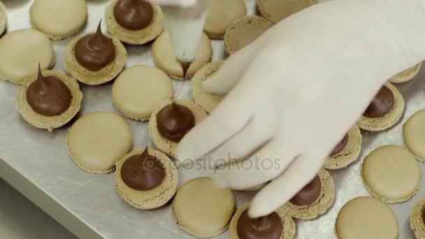 Lidská přidá náplň některých polovin macarons — Stock video
