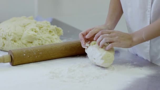 Manos de mujer amasando masa en harina en la mesa — Vídeos de Stock