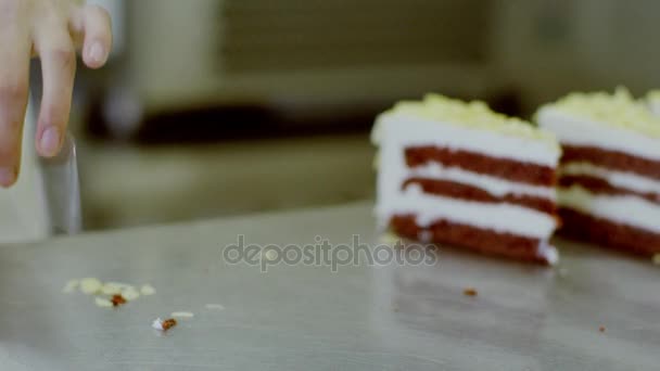 Donna avvolge un pezzo di torta vista da vicino — Video Stock