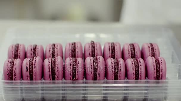 Mänskliga händer förpackningar rosa macarons — Stockvideo