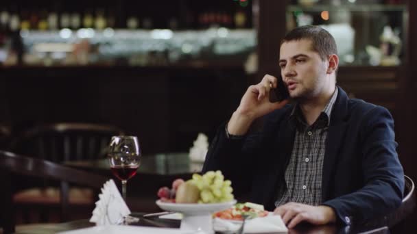 Guapo hombre de negocios hablando por teléfono móvil en la cafetería — Vídeos de Stock