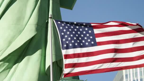 Flaga Amerykańska fale na pierwszym planie Statua wolności — Wideo stockowe