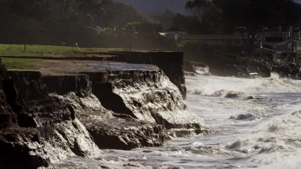 Onde oceaniche si infrangono su una spiaggia e scogliere rocciose — Video Stock