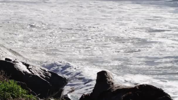 Океанічні хвилі врізаються в пляж і скелясті скелі — стокове відео