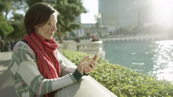 Femeia frumoasă stă în fața fântânii și trimite mesaje text — Videoclip de stoc