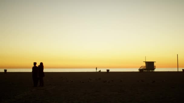 Emberek, hajnalban a strandon — Stock videók