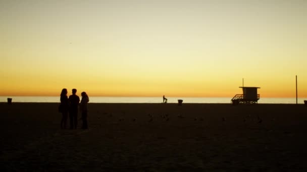 Люди на пляжі в сутінках — стокове відео