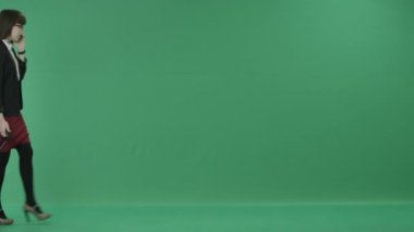 İş kadını bir cep telefonu üzerinde görüşmeler ve onun bavulunu jant