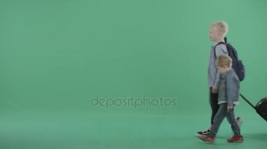 El ele ve bir bavul wheeling iki erkek yürüyüş