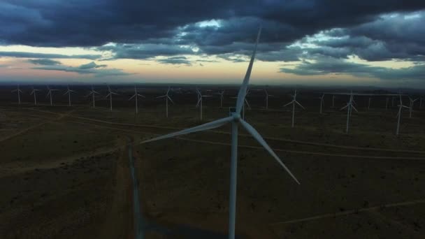 Tiro sombrío matutino de molinos de viento en un campo — Vídeos de Stock