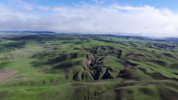 Aerial shot of green hills and fields — Stock Video