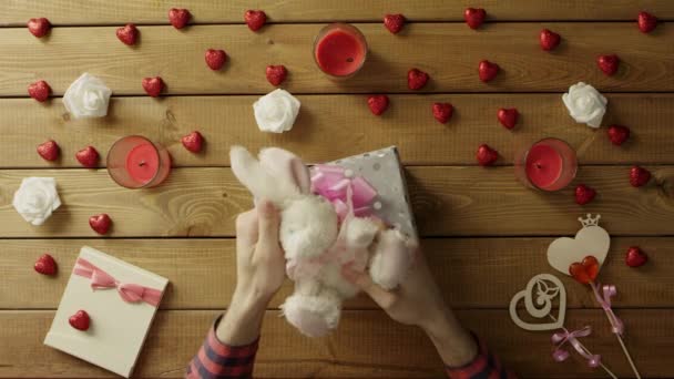 Il giovane mette il coniglietto morbido nella confezione regalo come regalo di San Valentino, vista dall'alto — Video Stock