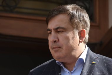 Lviv, Ukrayna, 11 Eylül 2017. Eski Gürcistan cumhurbaşkanı ve eski Odesa Valisi Mikhail Saakashvili Lviv şehir merkezinde düzenlediği basın toplantısında gazetecilere konuştu.