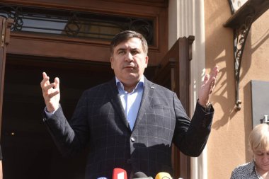 Lviv, Ukrayna, 11 Eylül 2017. Eski Gürcistan cumhurbaşkanı ve eski Odesa Valisi Mikhail Saakashvili Lviv şehir merkezinde düzenlediği basın toplantısında gazetecilere konuştu.