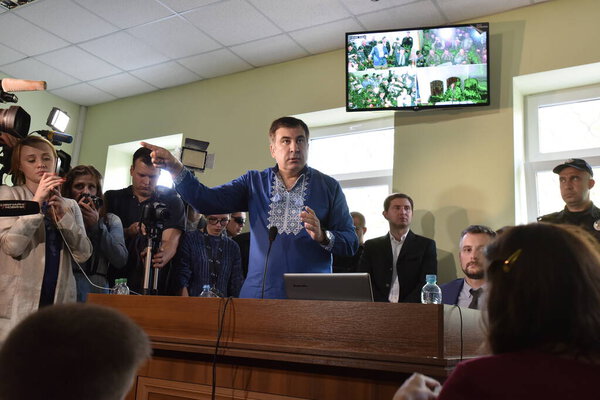 Mostyska, Ukraine, 18 September 2017. Former Georgian president and ex-Odessa Governor Mikheil Saakashvili  speaks during a trial session in a Mostyskiy district court.