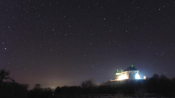 Звезды Ночного Неба Замок Олеско Зимнюю Ночь Украина — стоковое видео