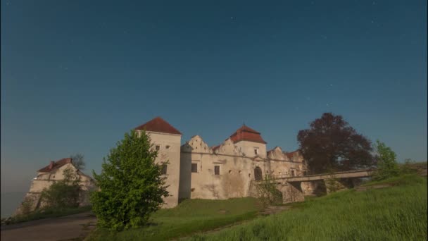 Zeitraffer Nachthimmel Sterne Svirzh Burg Bei Nebliger Nacht Ukraine — Stockvideo